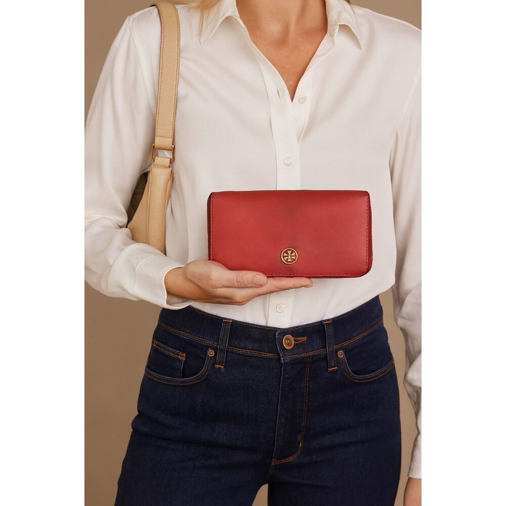 TORY BURCH Orange Leather Zip Up Purse Wallet
